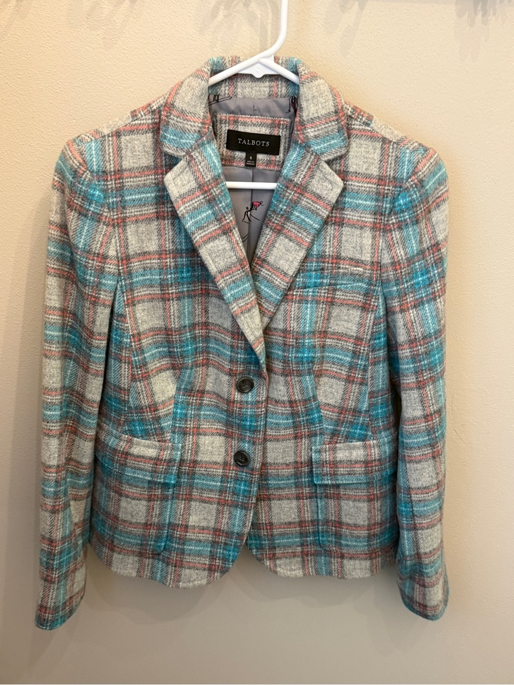 Talbots Plaid Blazer Jacket in Teal, Gray & Coral Size 6